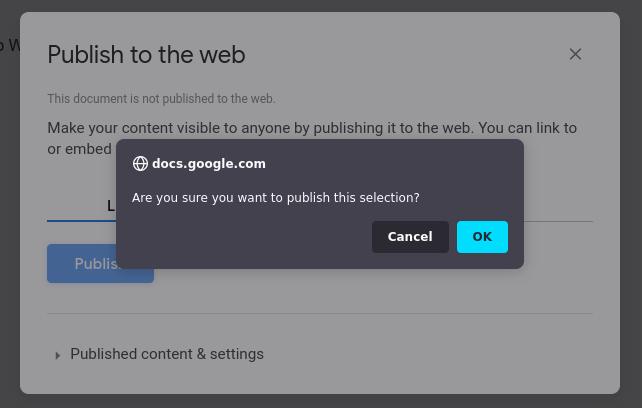 A second modal asking if we are sure we want to publish to the web