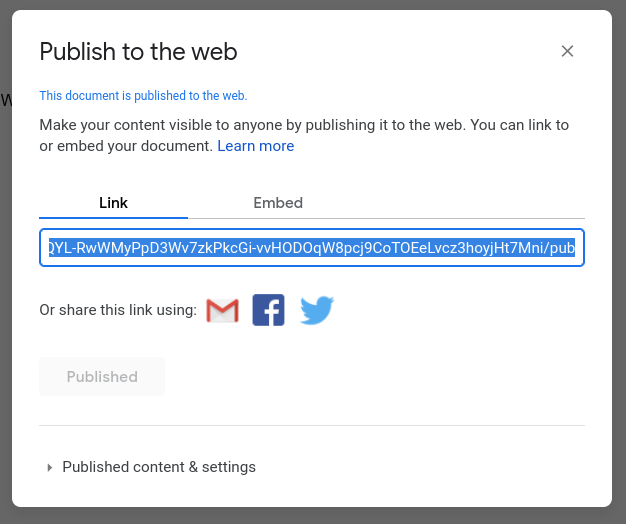 A link sharing modal